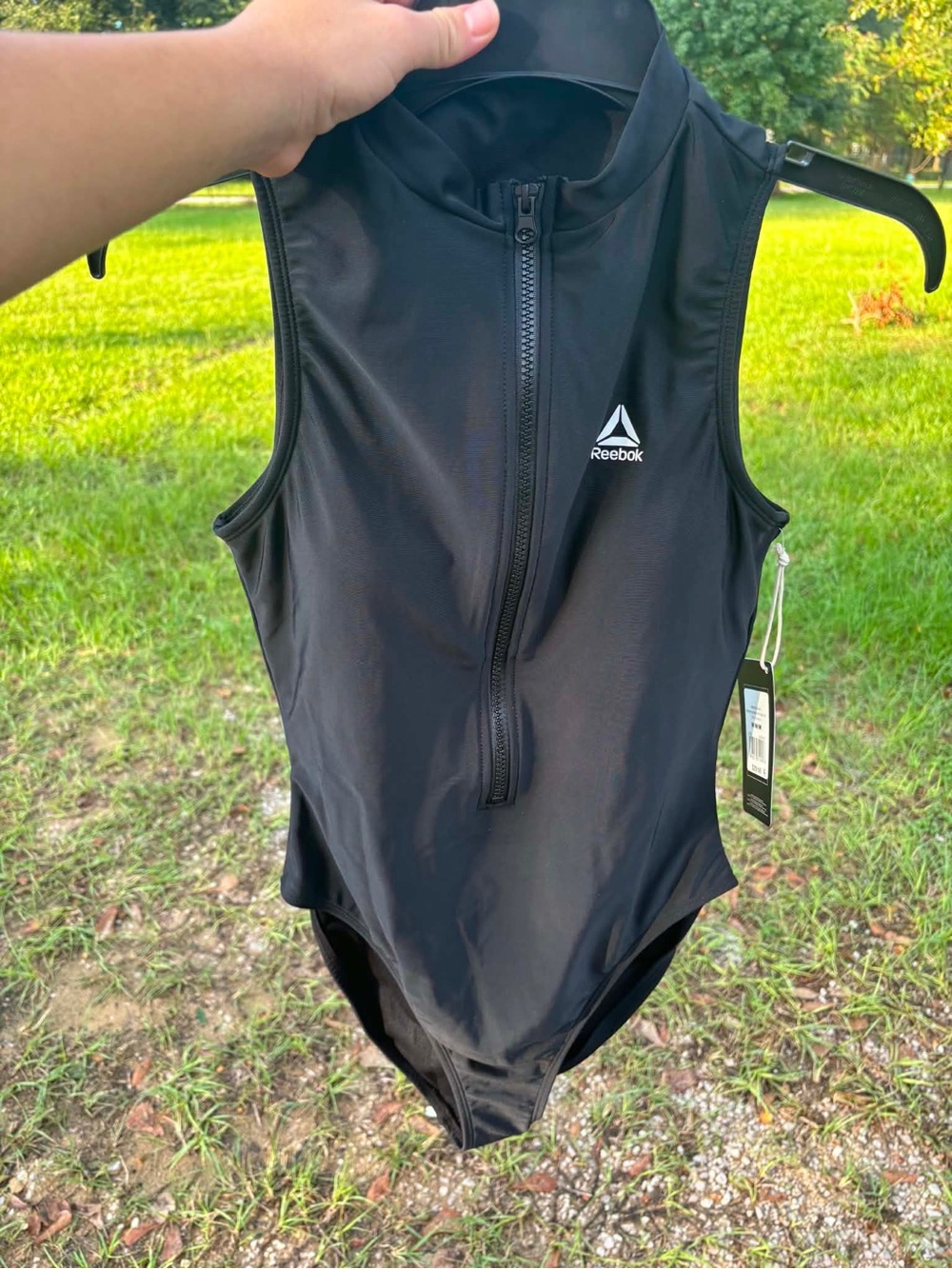 Reebok Girls Black Sleeveless Zip-Front One-Piece